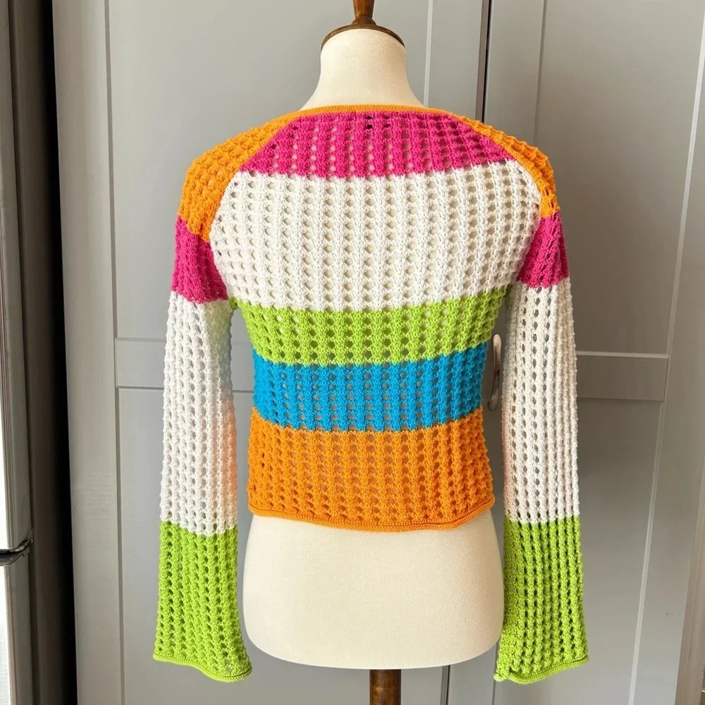 Crochet Knit Crop Sweater Long Sleeve XXS Colorblock Oversized Wild Fable Casual - Picture 2 of 7